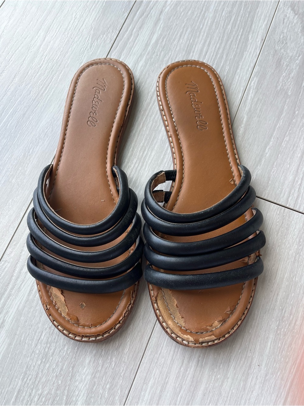 Madewell Black Strappy Slide Sandals with Tan Footbed